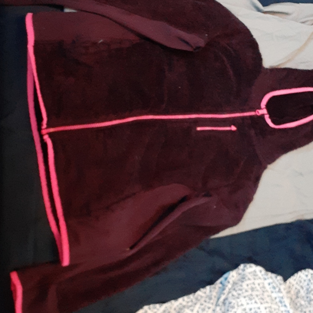 So burgundy/purple and pink hoodie. Size large